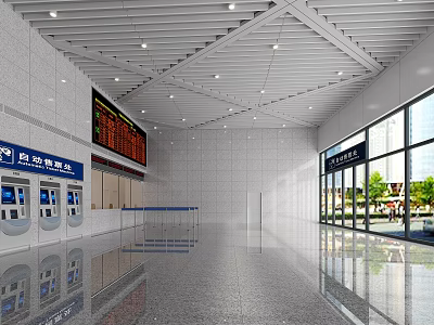 Modern Station Interior With Ticket Vending Machines Information Screen And Large Windows 3d model