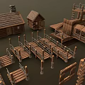 Rustic Log Cabin Architecture With Wooden Bridge And Fence Details