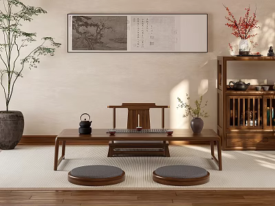 Traditional Chinese Wooden Coffee Table With Cushioned Stools Tea Set Scroll Painting And Green Plants 3d model