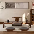Traditional Chinese Wooden Coffee Table With Cushioned Stools Tea Set Scroll Painting And Green Plants