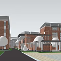 Industrial Factory Complex With Red Brick Multi Story Buildings Connecting Walkway And Landscaping