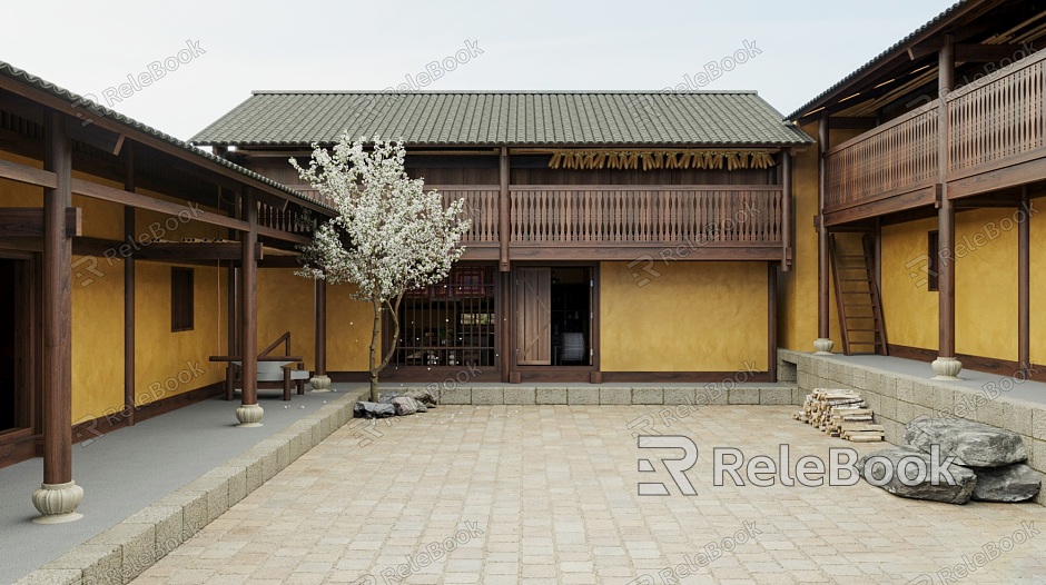 Chinese Courtyard Traditional Architecture Four Three-courtyard Courtyard Combination Tile Roof Cylindrical Yellow Wall Attic Courtyard Architecture model