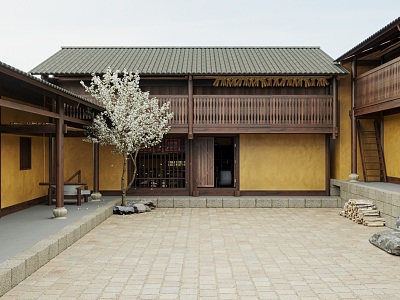 Chinese Courtyard Traditional Architecture Four Three-courtyard Courtyard Combination Tile Roof Cylindrical Yellow Wall Attic Courtyard Architecture model