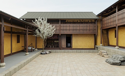 Chinese Courtyard Traditional Architecture Four Three-courtyard Courtyard Combination Tile Roof Cylindrical Yellow Wall Attic Courtyard Architecture 3d model