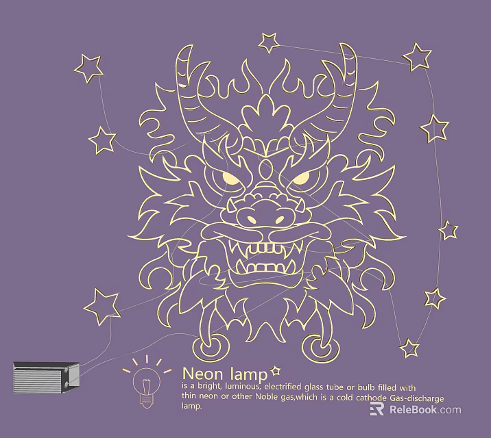 Chinese Style Neon Lamp Combination With Decorative Dragon Head Shape And Stars 3d model 