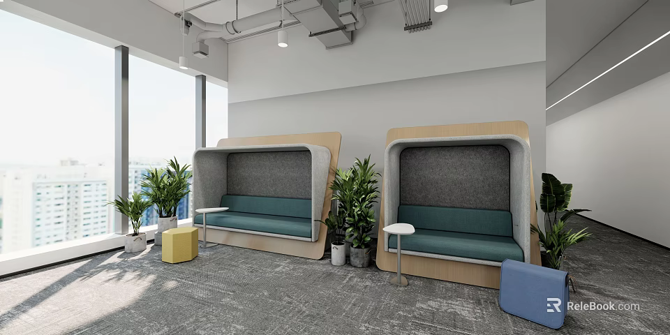 Modern Office Lounge Area With Cozy Seating Pods Green Plants And Large Windows 3d model 