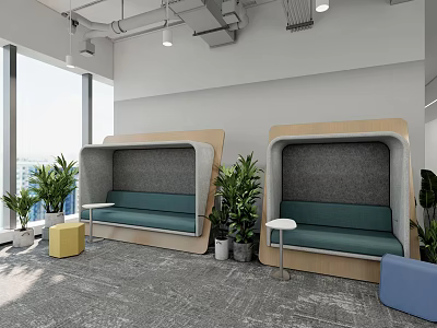 Modern Office Lounge Area With Cozy Seating Pods Green Plants And Large Windows 3d model