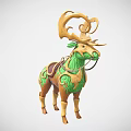 Fantasy Game Character Deer With Curled Golden Antlers Green Body And Decorative Saddle