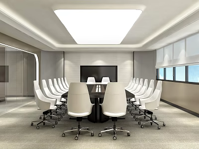 Modern Conference Table In Spacious Meeting Room With White Rolling Chairs And Ceiling Lighting 3d model