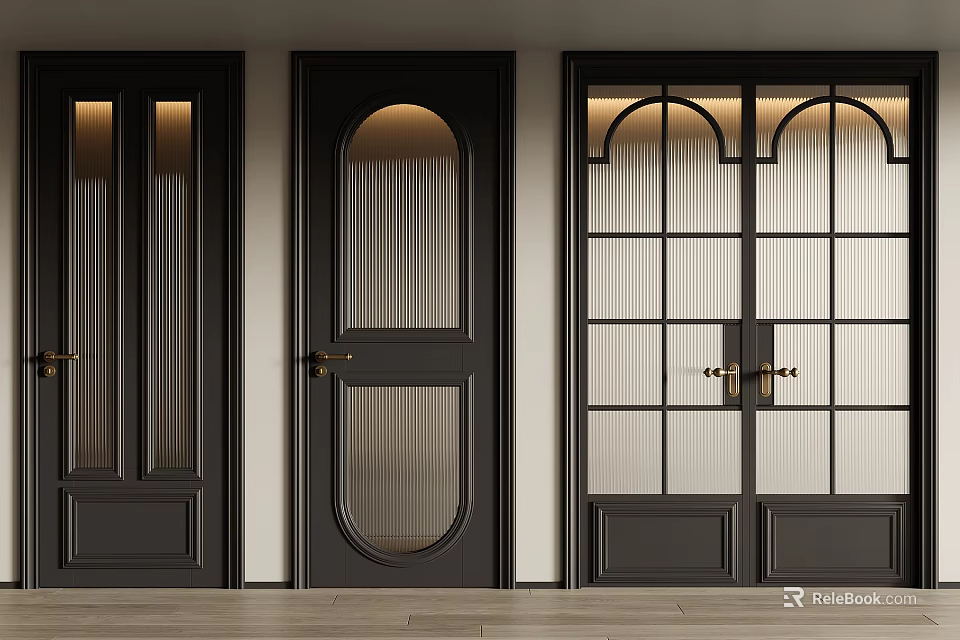 Modern Black Swing Door With Arched Glass Panel And Metal Handle Design 3d model 