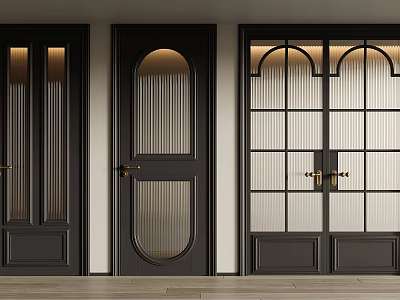 Modern Black Swing Door With Arched Glass Panel And Metal Handle Design 3d model