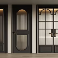 Modern Black Swing Door With Arched Glass Panel And Metal Handle Design