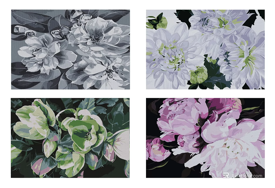Vibrant Botanical Paintings Featuring White Purple Green Flowers And Green Leaves 3d model 
