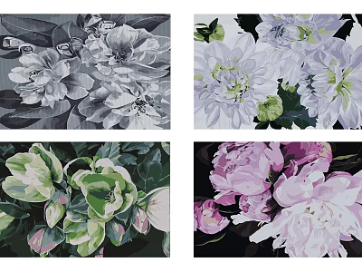 Vibrant Botanical Paintings Featuring White Purple Green Flowers And Green Leaves 3d model