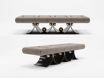 Modern Gray Upholstered Fabric Bench With Tufted Seat And Metal Gold Accent Legs 3d model