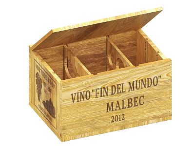 Open Wooden Box With Vino En Del Mundo Malbec 2012 And Divided Compartments 3d model