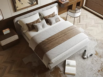 Cozy Bedroom Interior with Double Bed Gray and White Striped Bedding Open Book Herringbone Floor 3d model