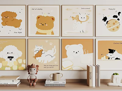 Cute Cartoon Animal Paintings On Wall With Toy Books Mug And Green Plant 3d model