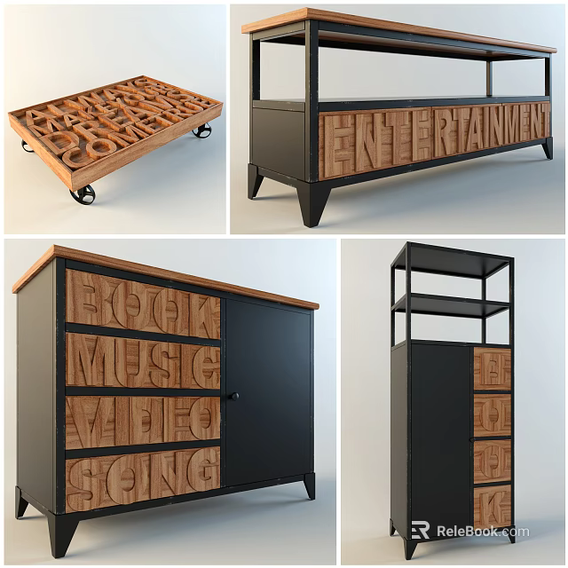 Wooden Decorative Cabinet With Black Metal Frame Letter Decor Drawers And Shelves 3d model 