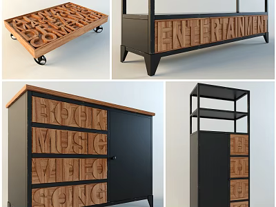 Wooden Decorative Cabinet With Black Metal Frame Letter Decor Drawers And Shelves 3d model