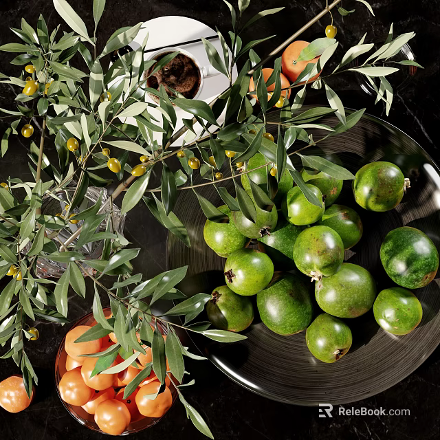 Fresh Green Olives on Black Plate with Olive Branches and Orange Fruits 3d model 