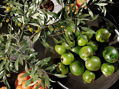 Fresh Green Olives on Black Plate with Olive Branches and Orange Fruits 3d model
