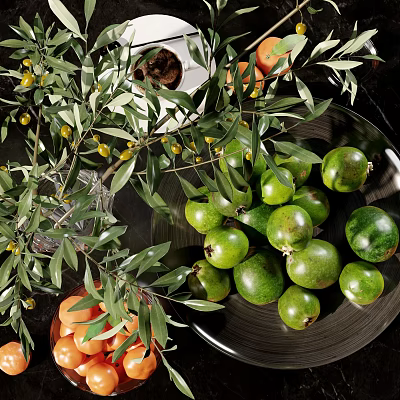Fresh Green Olives on Black Plate with Olive Branches and Orange Fruits 3d model