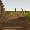 Modern Road Facilities With Curved Wooden Walkway Wavy Railings Green Grassland And Blue Sky