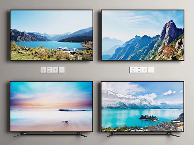 Four Televisions Showcasing Stunning Natural Scenery Including Lake Mountain And Ocean Views 3d model