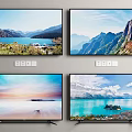 Four Televisions Showcasing Stunning Natural Scenery Including Lake Mountain And Ocean Views