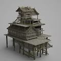 Traditional Ancient Architecture With Wooden Structure Elevated Platforms Staircases And Traditional Roofs