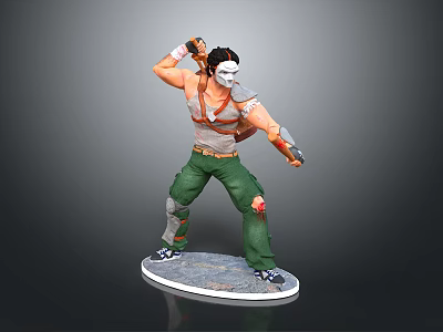 3D Action Character Figure White Mask Tank Top Green Ripped Pants Weapon On Base 3d model