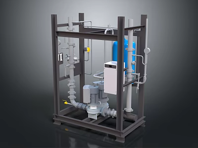 Industrial Equipment Frame With Metal Structure Pipes Valves Blue Container Control Box And Motor Components 3d model