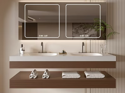 Modern Bathroom Vanity Cabinet With Double Sink Mirrors Folded Towels And Green Plant 3d model