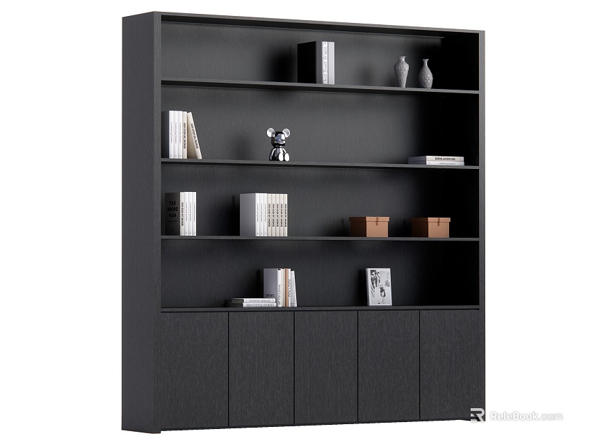 Modern Black Bookcase With Open Shelves Books Decorative Items And Cabinet Doors 3d model 