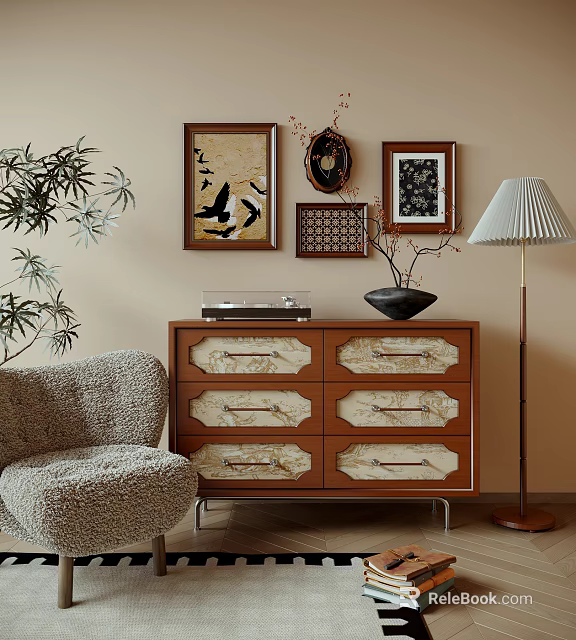 Artistic Wooden Console Cabinet With Six Drawers Framed Artworks Table Lamp And Cozy Armchair 3d model 