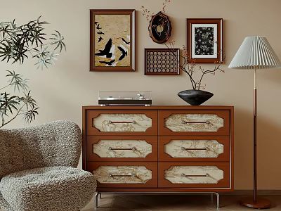 Artistic Wooden Console Cabinet With Six Drawers Framed Artworks Table Lamp And Cozy Armchair 3d model