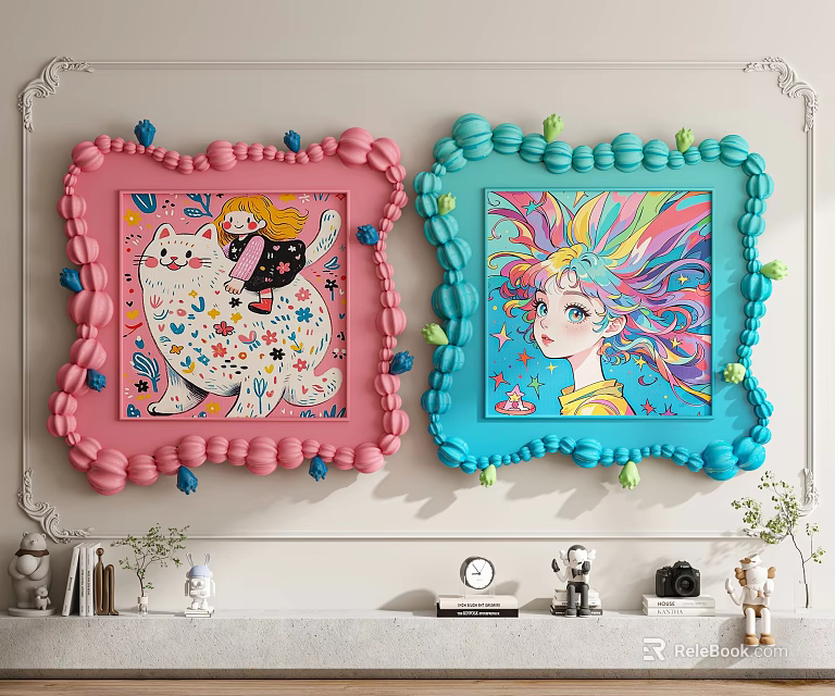 Abstract Paintings With Pink and Blue Framed Colorful Cat and Girl Portraits Decorative Borders 3d model 