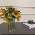 Vibrant Sunflowers in Transparent Glass Vase with Stripes on Wooden Table