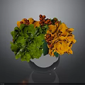 Colorful Flower Arrangement With Green Leaves Orange Blooms And Red Berries In Silver Vase