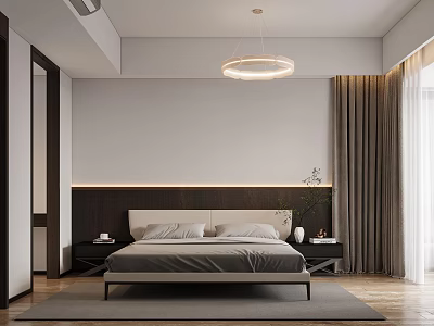 Minimalist Modern Bedroom Interior Design With Wooden Headboard Circular Pendant Light Curtains And Carpet 3d model