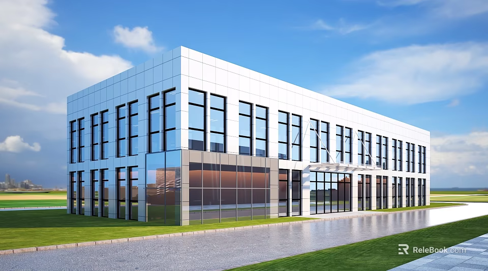 Modern Office Building Exterior with Glass Curtain Wall Blue Sky and Lawn 3d model 