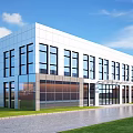 Modern Office Building Exterior with Glass Curtain Wall Blue Sky and Lawn