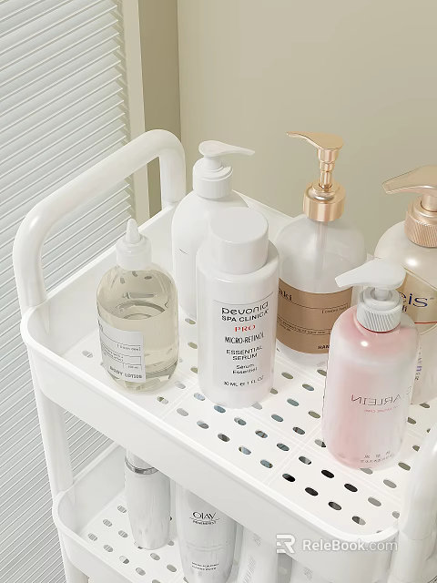 Assorted Skincare And Perfume Bottles On White Trolley With Gold Pumps Transparent And Pink Designs 3d model 