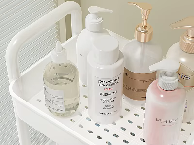Assorted Skincare And Perfume Bottles On White Trolley With Gold Pumps Transparent And Pink Designs 3d model