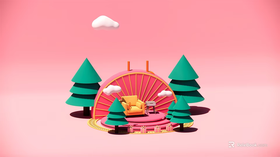 Pink Background Decorative Scene With White Clouds Green Trees Red Fan Yellow Sofa And Table 3d model 