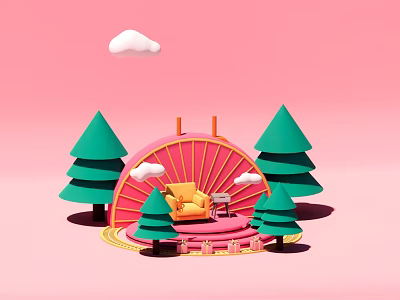 Pink Background Decorative Scene With White Clouds Green Trees Red Fan Yellow Sofa And Table 3d model