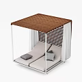 Modern Sofa Bench Featuring Wooden Slatted Canopy White Curtains Light Gray Cushions White Metal Frame