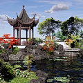 Rockery Stones In Garden With Pond Lotus Leaves Traditional Pagoda And Red Leaf Trees