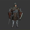 Medieval Armored Man Standing on Stone Pavement With Sword and Shield